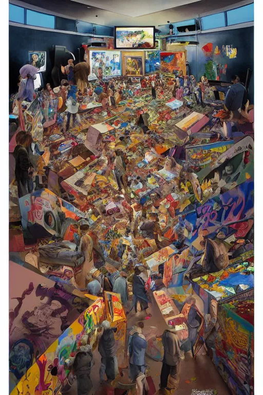 Image similar to Full length view of people viewing a stack of televisions broadcasting graffiti art in a museum gallery, professional illustration by artgerm, painterly, yoshitaka Amano, hiroshi yoshida, moebius, loish, painterly, and james jean, illustration, backlit, masterpiece