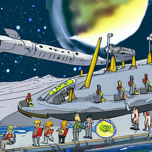 Prompt: a group of whale hunters landing on the moon, scene from futurama, cartoon, detailed, colorful