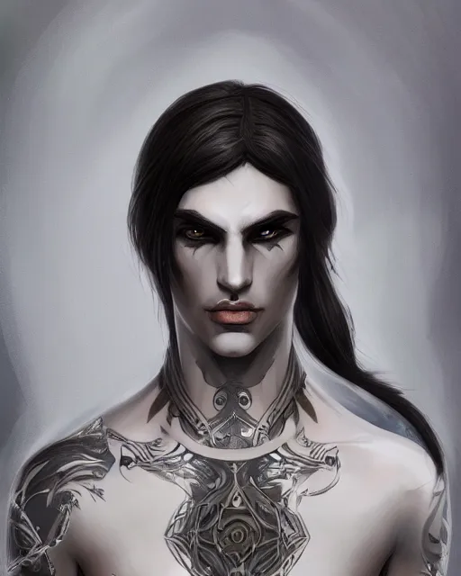 Prompt: portrait of a feminine male dark elf, obsidian skin, white tatoo, long hair, fantasy, elegant, intricate, highly detailed, digital painting, artstation, concept art, sharp focus, illustration