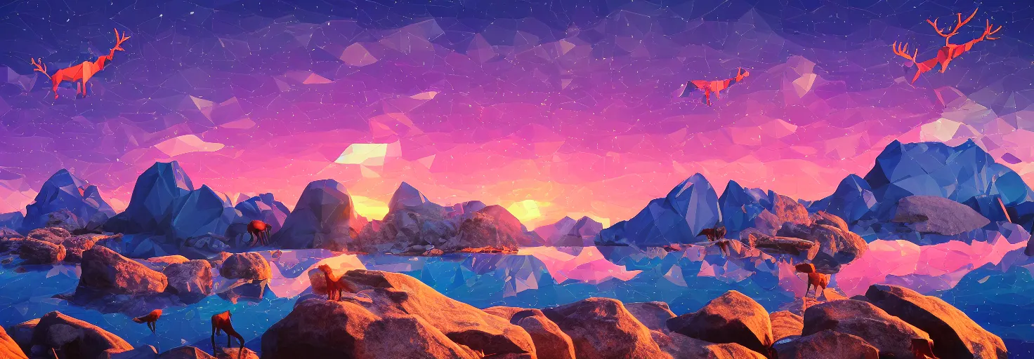 Image similar to super detailed color lowpoly art, northern sunset with rocks on front, lake in the middle of perspective and mountains at background, graphic reindeers in random points, unreal engine, retrowave color palette, 3d render, lowpoly, colorful, digital art