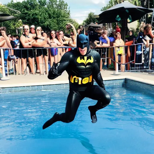 Prompt: batman doing a dive in the local pool