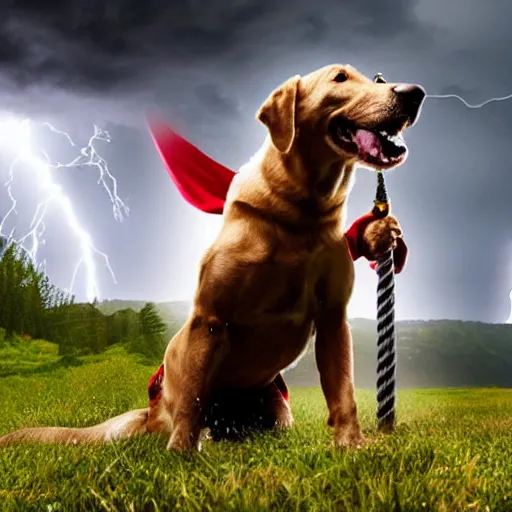 Image similar to a canine thor holding thor's hammer in its paw, dramatic lightning background, flying