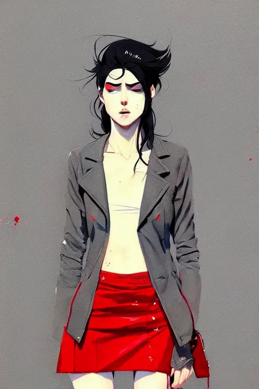 Prompt: a ultradetailed painting of a stylish woman wearing a grey jacket with red skirt, by conrad roset, greg rutkowski and makoto shinkai trending on artstation