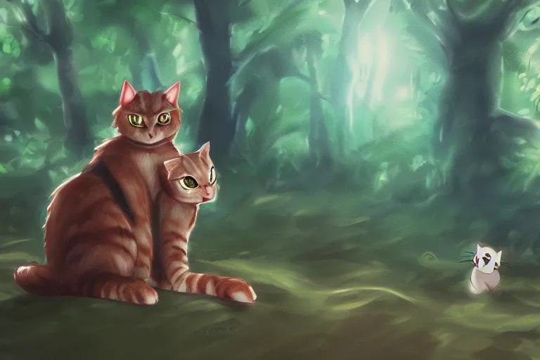 Image similar to cat in the forest, backlighting, digital art, trending on artstation, fanart, by kawacy