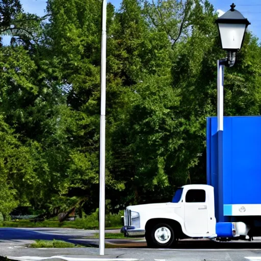 Image similar to blue truck dangling from atop a street light pole