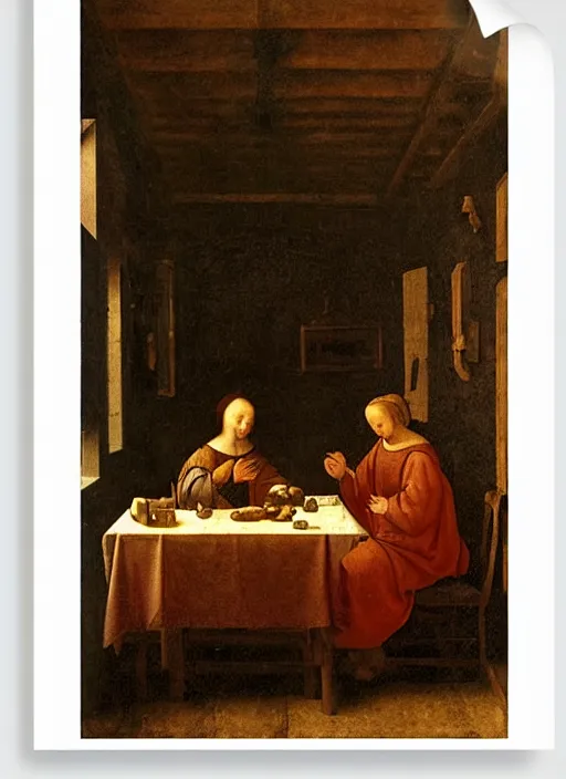 Image similar to a candlelit table at the inn, two people sitting at the table, swirling smoke, dark smoke, realistic, in the style of leonardo da vinci, dutch golden age, amsterdam, medieval painting by jan van eyck, johannes vermeer, florence