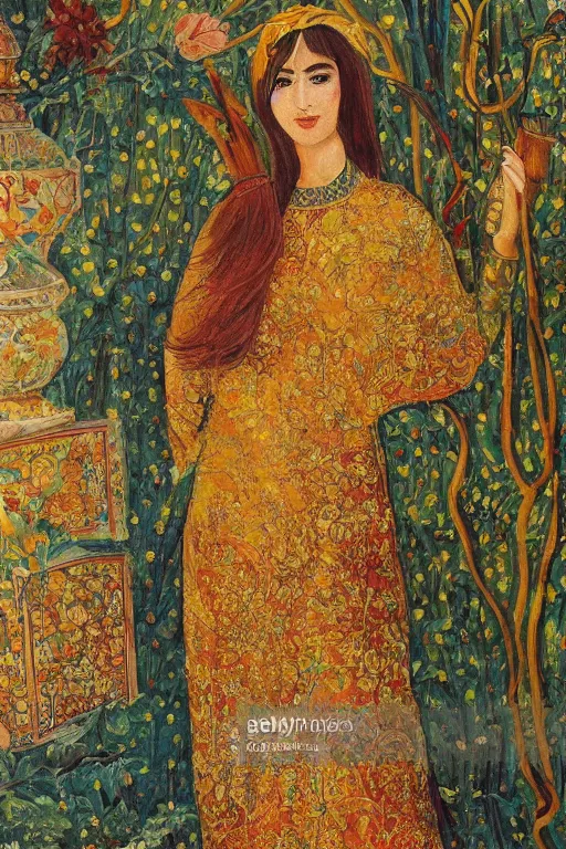 Prompt: girl waer detailed golden arabesque dress with a lot of narcissus in persian pot, persian painting