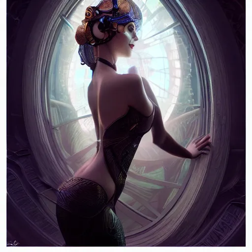 Image similar to front pose, stunning beautiful young girl alluring biomech - cyberpunk model with porcelain skin, rim light, headdress of liquid dark energy, ultra - fine detail, deep space, art nouveau futuristic background, heavily detailed, spherical mesh wire, digital art by artgerm, mucha, loish, wlop, kilian eng, artstation