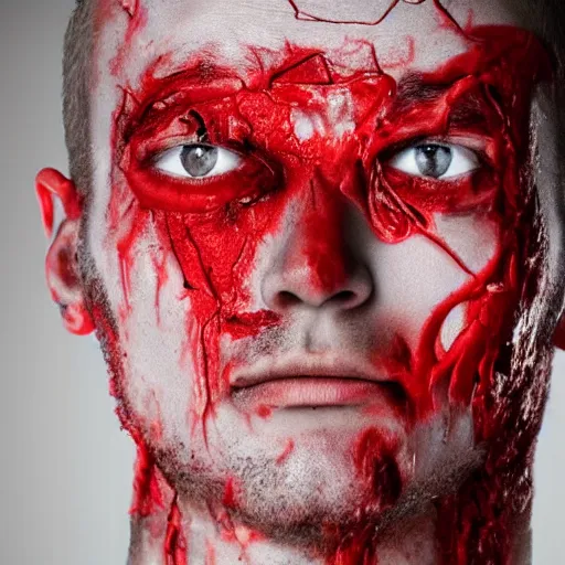 Image similar to torn off skin of man's face blood is everywhere