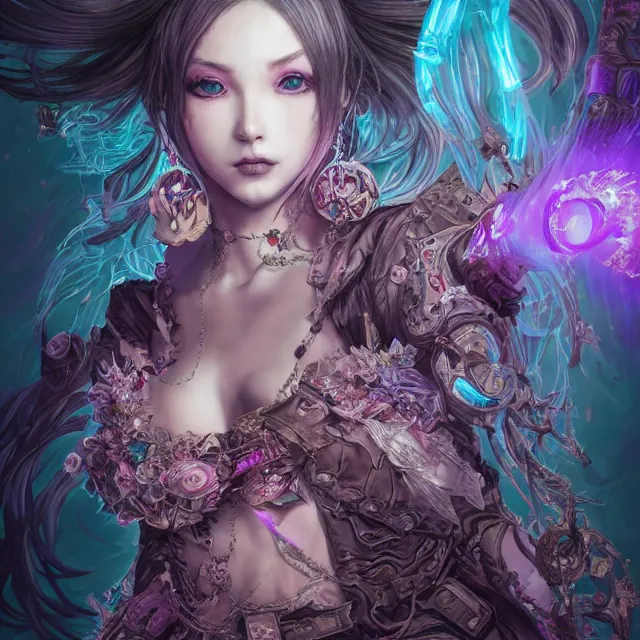 Image similar to the portrait of chaotic evil female necromancer as absurdly beautiful, gorgeous, elegant, young gravure idol, an ultrafine hyperdetailed illustration by kim jung gi, irakli nadar, intricate linework, bright colors, octopath traveler, final fantasy, unreal engine 5 highly rendered, global illumination, radiant light, detailed and intricate environment