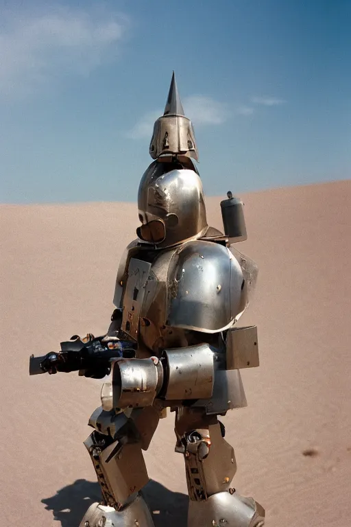 Prompt: Kodak portra 160, 8K, highly detailed, 3/4 portrait, focus on steel armor: famous mecha in low budget joan of arc movie remake, desert scene