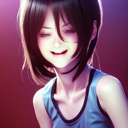 Image similar to youth kim beckinsale laughing softly, occlusion shadow, specular reflection, rim light, unreal engine, range murata, artstation, pinterest, art by hiroaki samura and ilya kuvshinov and rossdraws, intricate, highly detailed 8 k, art deco illustration, realistic, extremely beautiful shape of face, neck, shoulders eyes