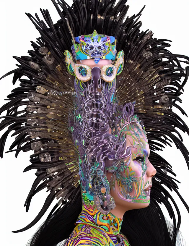 Prompt: 3 d goddess close - up profile portrait amazonian punk with mohawk with ayahuasca skull. beautiful intricately detailed ayahuasca kitsune mask and sacred amazon shaman kimono. bio - luminescent jellyfish phoenix puma, plasma, ice, water, wind, creature, artwork by tooth wu and wlop and beeple and greg rutkowski