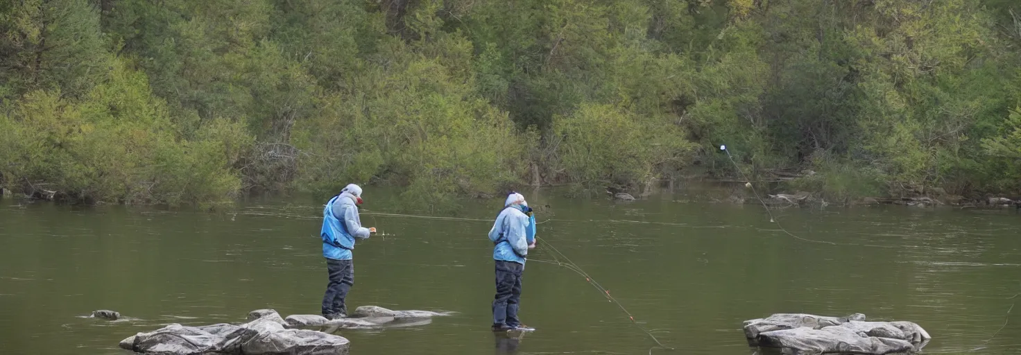 Prompt: flux pavilion fishing for trout in a beautiful lake, cinematic composition, sharp focus, highly detailed, blue hair