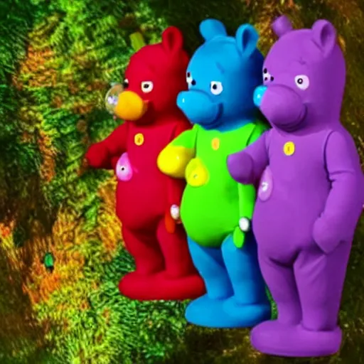 Prompt: gummybear hummingbear teletubbie