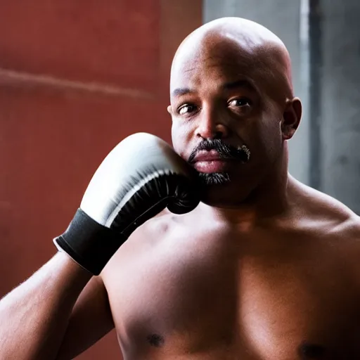 Image similar to a bald middle aged black man with a goatee and boxing gloves, religious imagery, god