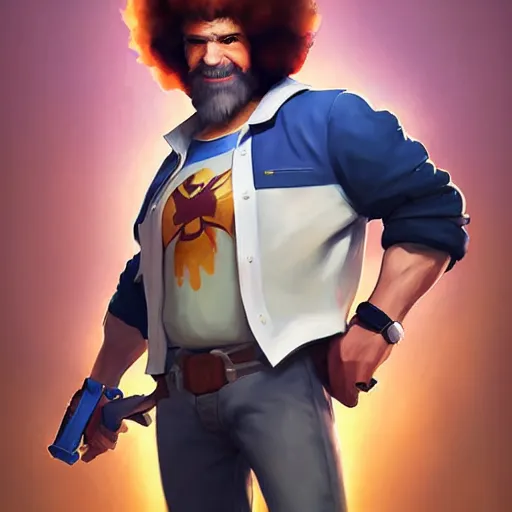 Image similar to Greg Manchess portrait painting of Bob Ross as Overwatch character, epic, medium shot, asymmetrical, profile picture, Organic Painting, sunny day, Matte Painting, bold shapes, hard edges, street art, trending on artstation, by Huang Guangjian and Gil Elvgren and Sachin Teng