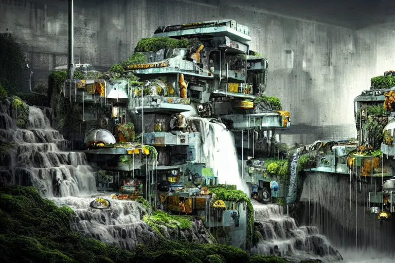 Prompt: favela bunker spaceship colony hive, brutalist waterfall environment, industrial factory, whimsical, award winning art, epic dreamlike fantasy landscape, ultra realistic,