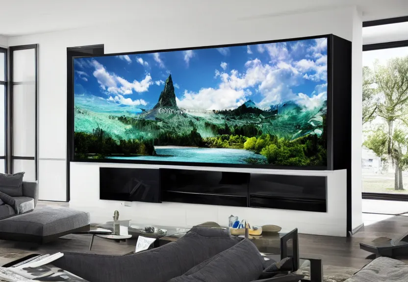 Prompt: samsung advertisement big screen tv in a modern house enjoyment photo realistic