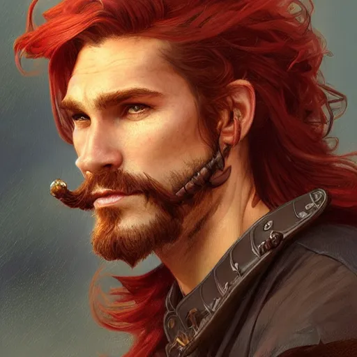 Image similar to portrait of a young ruggedly handsome but optimistic pirate, male, masculine, upper body, red hair, long hair, d & d, fantasy, intricate, elegant, highly detailed, digital painting, artstation, concept art, matte, sharp focus, illustration, art by artgerm and greg rutkowski and alphonse mucha