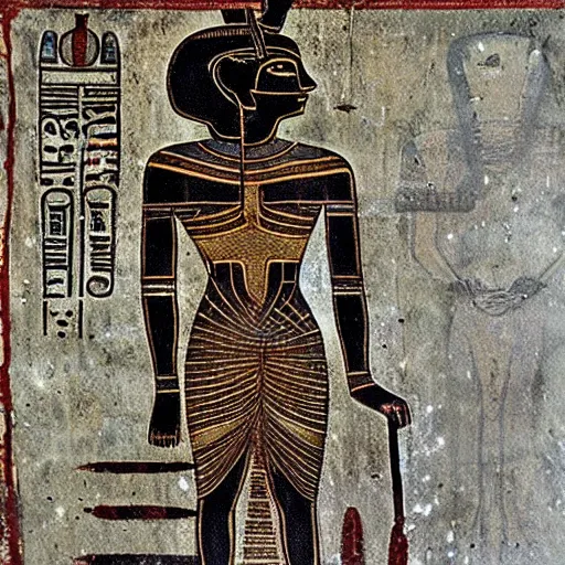 Image similar to ancient egyptian art featuring aliens robots cyborg