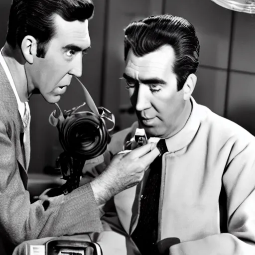 Prompt: jimmy stewart diagnosing an android in space