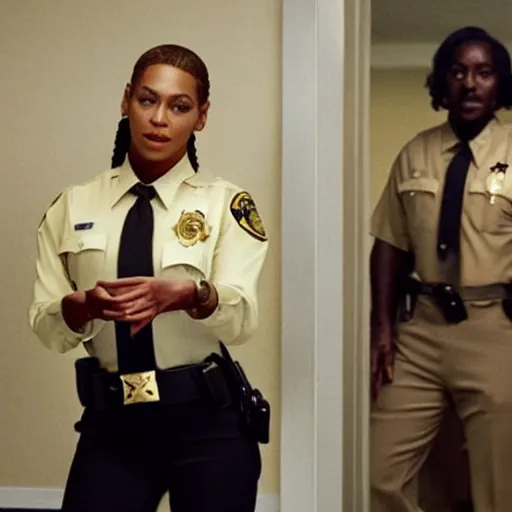 Prompt: Beyonce as a sheriff officer in the TV show stranger things