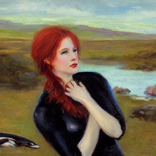 Prompt: a portrait of a red headed young woman hugging an orca whale in a scenic environment by Gerhartz, Daniel F.