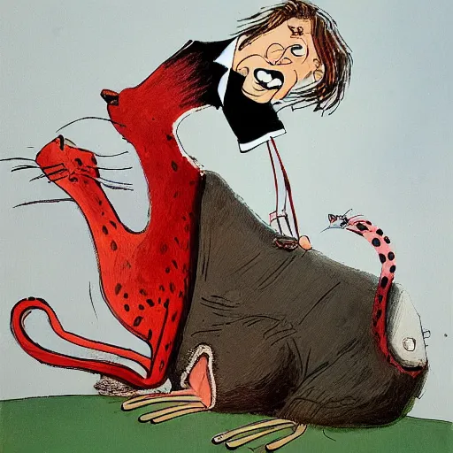 Image similar to a detailed painting of a man with a cat on his back by gerald scarfe and ralph steadman and pixar