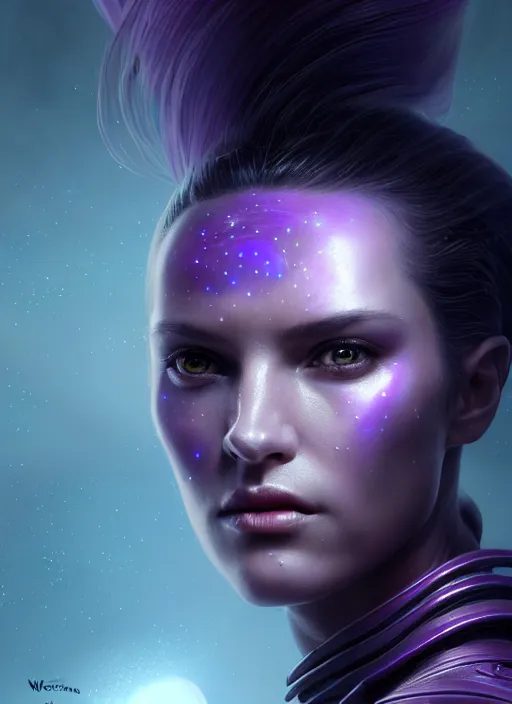 Image similar to top down lighting, extreme close up, stunning portrait of a woman in purple leather future armor with a long black ponytail, white eyes, with space and stars around her, spaceship hallway, intricate, mood lighting, highly detailed, digital painting, artstation, concept art, smooth, sharp focus, illustration, art by wlop, mars ravelo and greg rutkowski