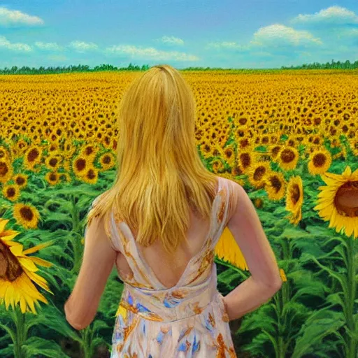 Prompt: a blonde babe slowly walking through amazing tall sunflower field, her blonde hair flowing down, subtle, intricate details, real masterpiece, oil on canvas, by somsak anong