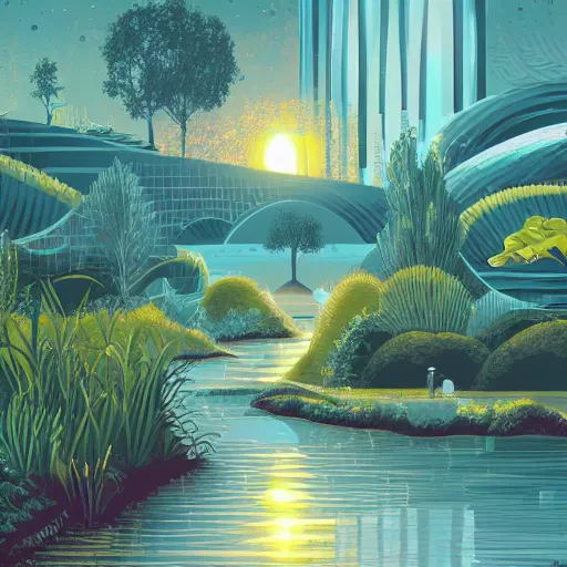 Prompt: beautiful happy picturesque charming organic sci - fi city in harmony with nature. water and plants. beautiful light. grainy and rough. soft colour scheme. beautiful artistic vector graphic design by lurid. ( 2 0 2 2 )