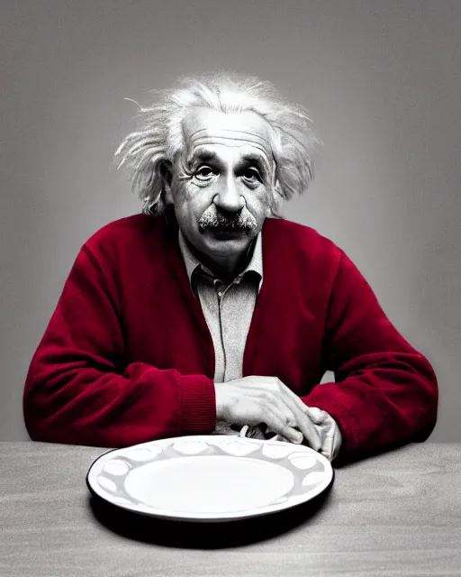 Image similar to a portrait of albert einstein sitting at the dining table with a plate containing red velvet cake in front of him, highly detailed, trending on artstation, bokeh, 9 0 mm, f / 1. 4
