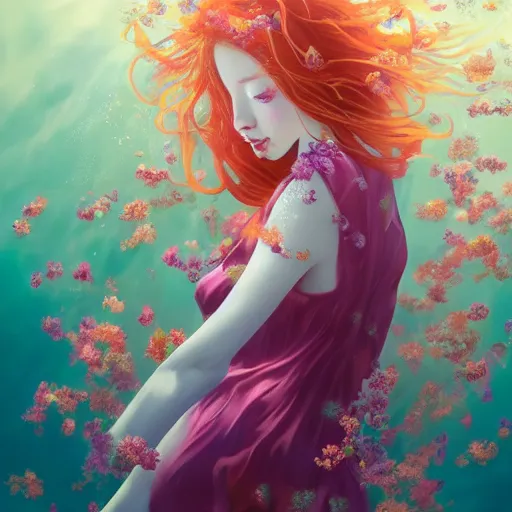 Image similar to Ginger woman in a swirling sundress of flowers, underwater, floral explosion, radiant light, vortex of plum petals, by WLOP, Hasui Kawase and artgerm, artstation, deviantart