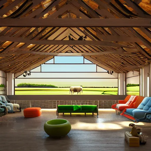 Image similar to interior view of modern futuristic farm barn architecture and interior design, lounge chairs, sofas, cows, chickens, pigs, wall art, detailed luminescent oil painting 4 k