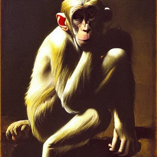 Image similar to a monkey lost deep in thought, portrait, by caravaggio