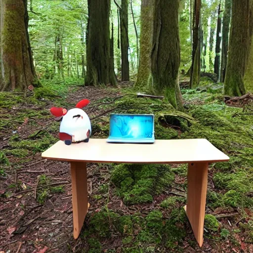 Prompt: A small desk in the middle of a forest by Studio Ghibli