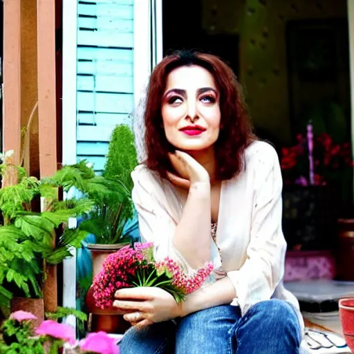 Image similar to a beautiful portrait of the turkish actress sumeyye aydogan, duy beni serial, sitting on the porch holding a flower, in front of the house