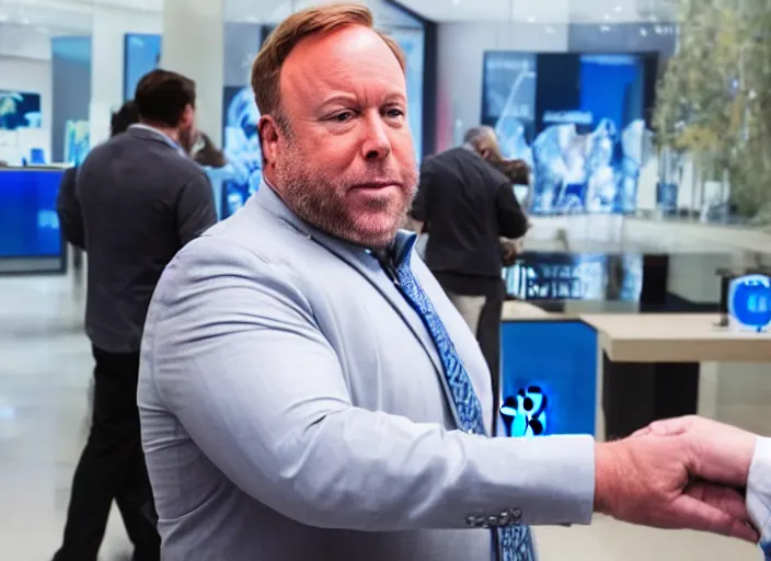 Prompt: dslr photo still of infowars host alex jones in a blue suit fat grey beard and mustache in an!!! apple store trying talking to an employee in a panic!!!, 5 2 mm f 1. 8