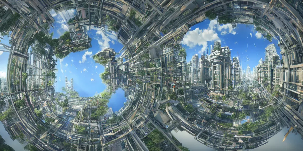 Image similar to Bustling photorealistic!!! utopian city reimagined by Max Hay, inverted fisheye lens!!!, eyelevel!!! view!!! photography, trending on artstation, 4k, 8k, lens distortion, chromatic aberration, soft focus blur, photorealistic imagery, photorealistic details, intricate, highly detailed, artstation 3d, artstation render, artstation 3d render, 3d art, unreal engine 3d, octane 3d, blender 3d, 3d landscape