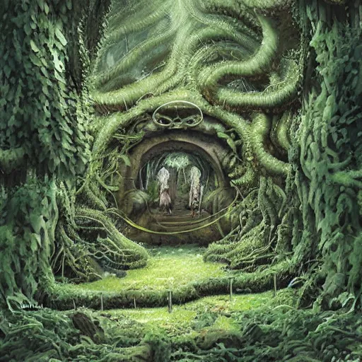 Image similar to hyper-detailed concept art for an ancient underground shrine with lots of vines and moss growing by masashi kishimoto