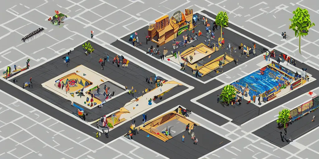 Prompt: a skatepark, 3 d isometric, level design