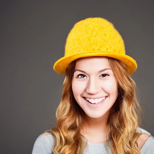 Prompt: portrait of a smiling 2 5 - year - old woman with 9 0 degree nails pretty face, perfect eye look up a bit, medium yellow blond hair, character with an orange hat, hair comes out of the hat a little