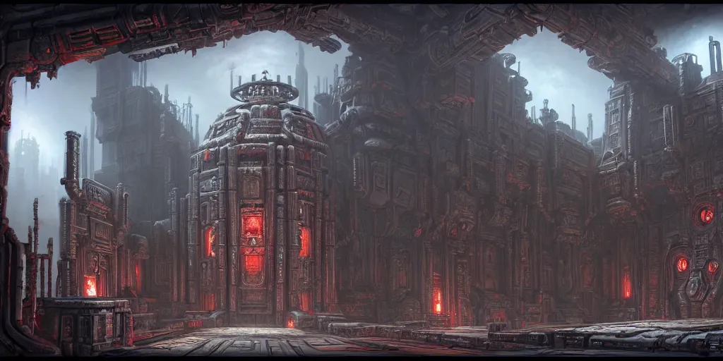 Prompt: a beautiful highly detailed matte painting of a huge ancient alien futuristic brutalist temple, Space Hulk, WarHammer 40k by Jose Daniel Cabrera Pena and Leonid Kozienko, concept art-H 640