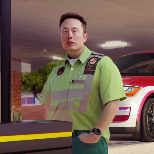 Image similar to Elon Musk manning a 7/11 cashier and wearing their uniform, macro, wide shot, dramatic lighting, octane render, hyperrealistic, HD