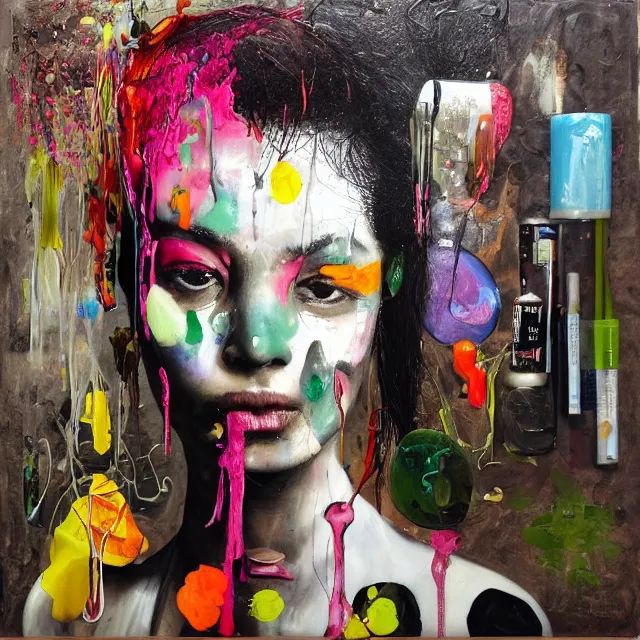 Image similar to “ a portrait in a female art student on a street in nairobi, fear, afraid, bustling, art supplies, anxiety, medical supplies, pills and medicine, ikebana, herbs, a candle dripping white wax, squashed berries, berry juice drips, acrylic and spray paint and oilstick on canvas, surrealism, neoexpressionism ”