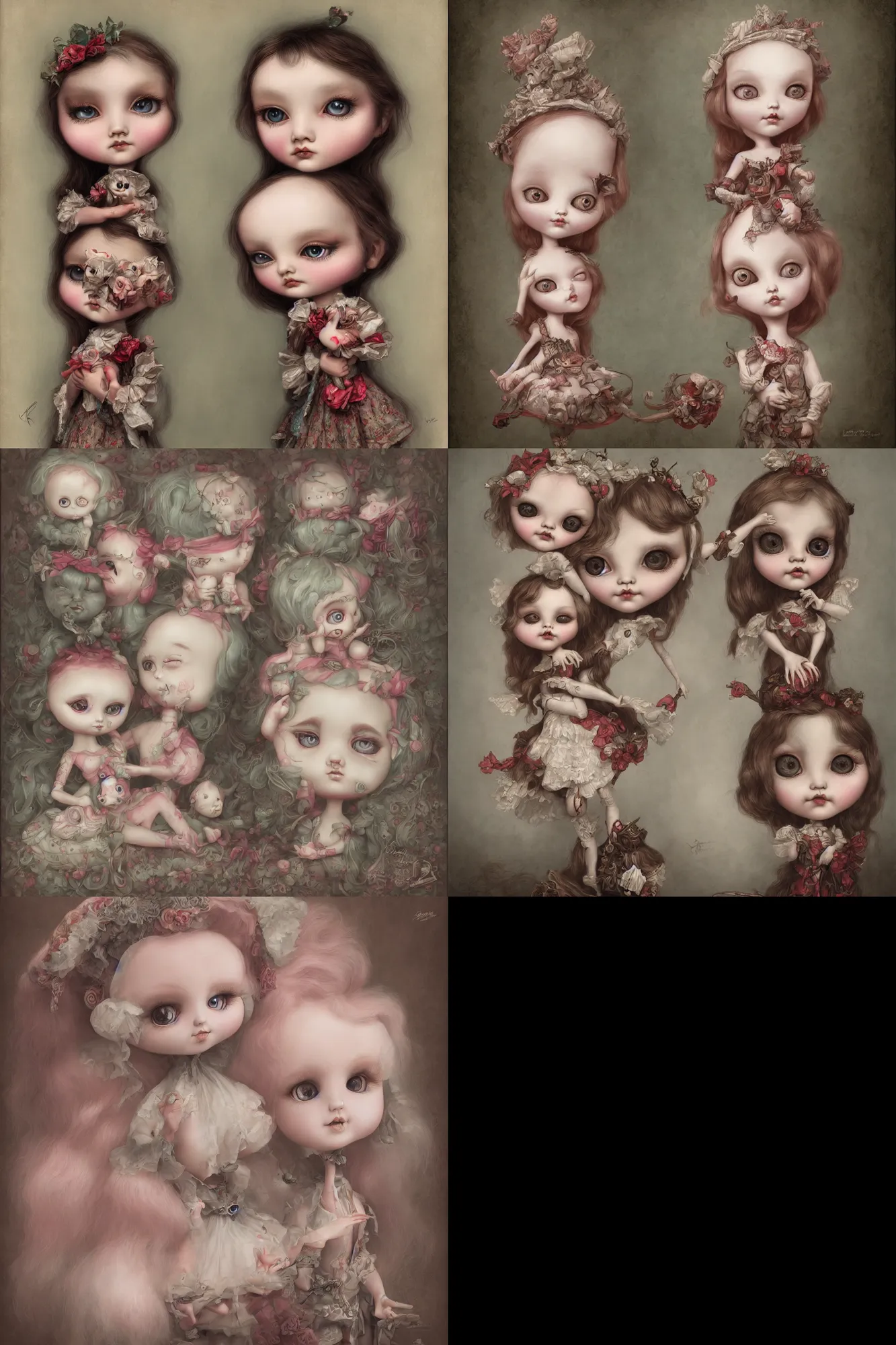 Image similar to cute pocelain doll, Mark Ryden style, highly detailed, digital painting, artstation, concept art, smooth, sharp focus, illustration,