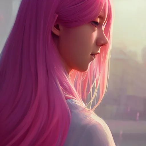 Image similar to girl with long pink hair, instagram photo, kodak, portra, by wlop, ilya kuvshinov, krenz, cushart, pixiv, zbrush sculpt, octane render, houdini, vfx, cinematic atmosphere, 8 k, 4 k 6 0 fps, unreal engine 5, ultra detailed, ultra realistic