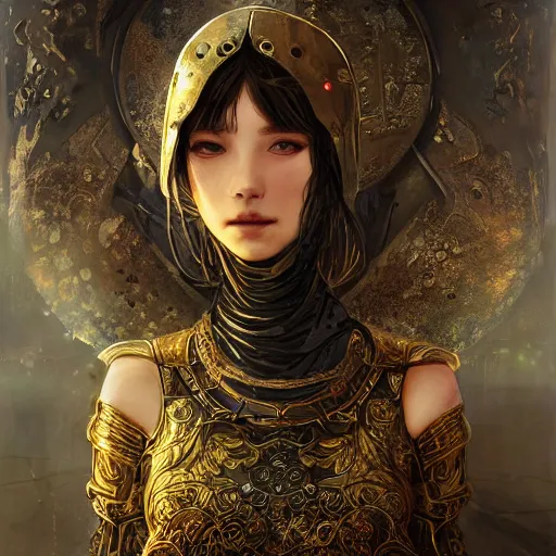 Image similar to portrait knights of Zodiac girl, metallic black and reddish color reflected armor, in ruined Agora of Athens, ssci-fi, fantasy, intricate, very very beautiful, elegant, golden light, highly detailed, digital painting, artstation, concept art, smooth, sharp focus, illustration, art by tian zi and WLOP and alphonse mucha