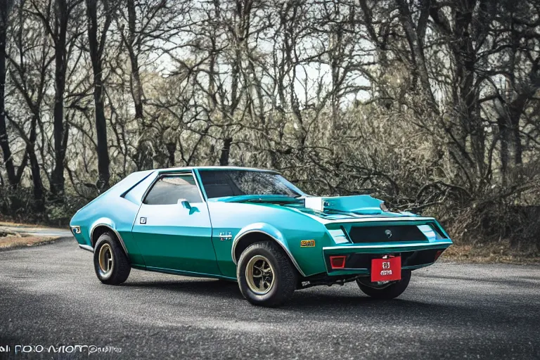 Prompt: vintage race footage, archival, 1974 AMC AMX/3 Gremlin, XF IQ4, 150MP, 50mm, F1.4, ISO 200, 1/160s, natural light, Adobe Photoshop, Adobe Lightroom, photolab, Affinity Photo, PhotoDirector 365